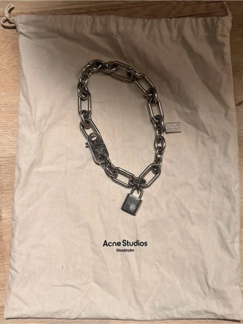 Acne Studio Logo Padlock Chain Necklace Link Charm Vintage Silver